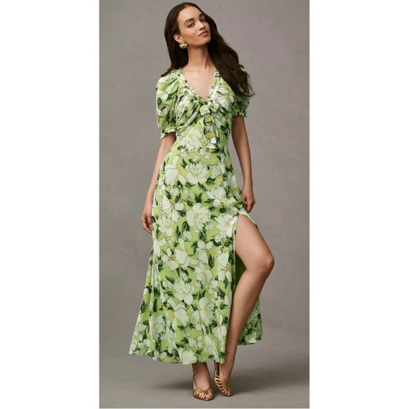BHLDN Dresses & Skirts - BHLDN x Anthropologie Puff Sleeve Bow Front V-Neck Floral Maxi Dress Green Slit